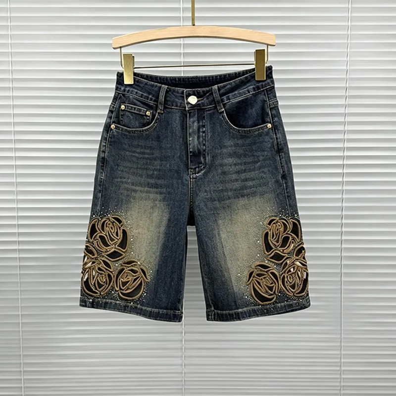 High Waist Stretch Rhinestone Hollow Denim Shorts Summer Slim Straight 5 Points Jeans Shorts Petite Ladies Casual Short Pants