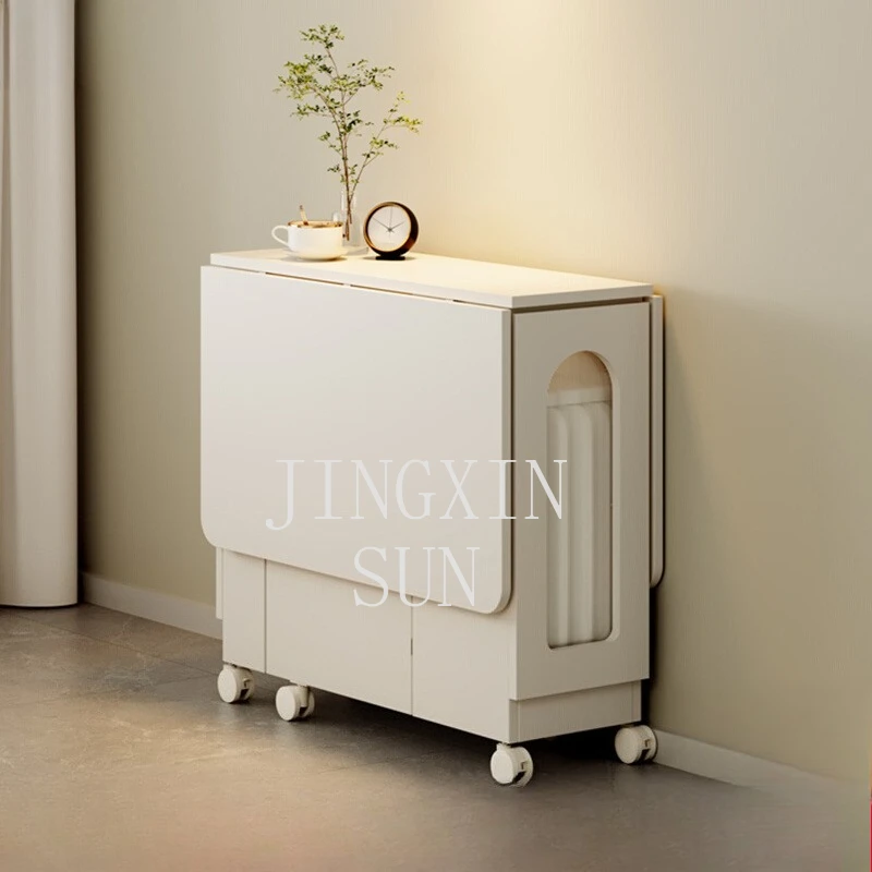 Folding mobile dining table household small apartment dining rectangular table cream wind simple new folding dining