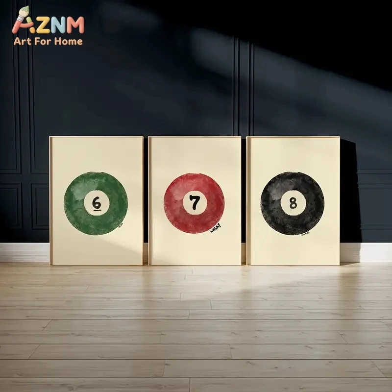 3PCS Vintage Billiard Ball Canvas Prints Set Green 6 Red 7 Black 8 Ball Wall Art Posters for Game Room Bar Retro Aesthetic Home