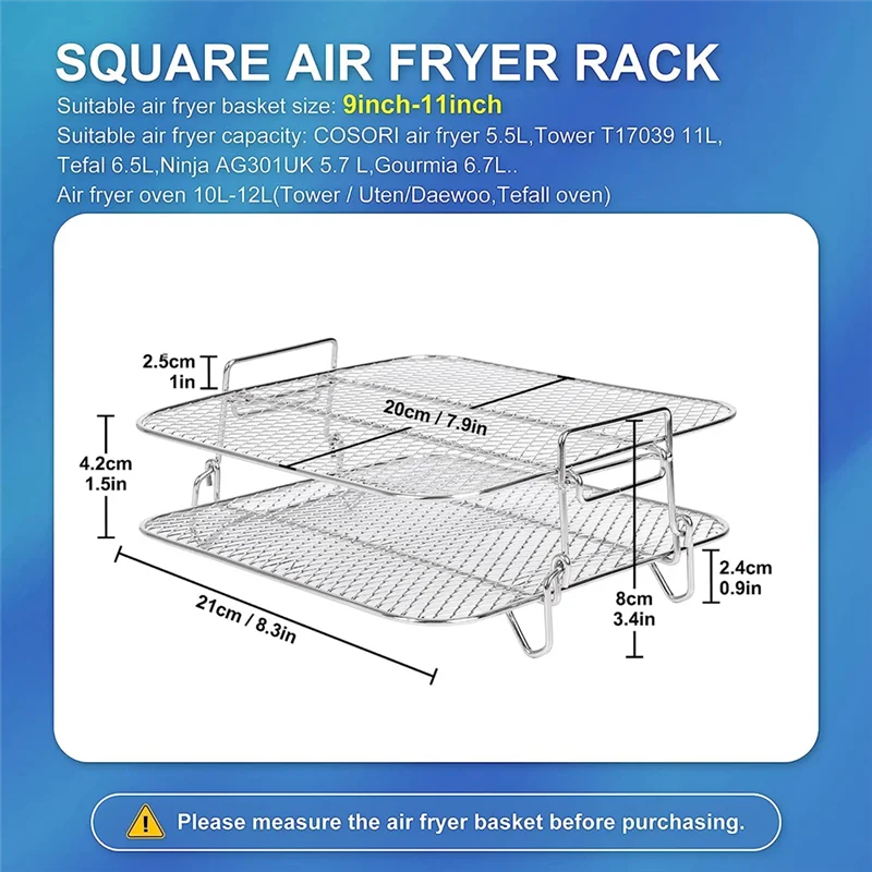 Estante para freidora de aire de 5,5 l, parrilla de 2 niveles, estante deshidratador cuadrado, accesorios para freidora de aire