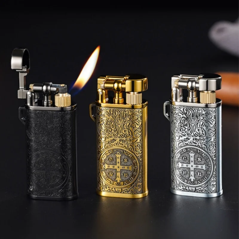 Outdoor Retro Metal Relief Inflatable Lighter with Grinding Wheel, Portable Butane Gas Open Flame Lighter New Men's Gift