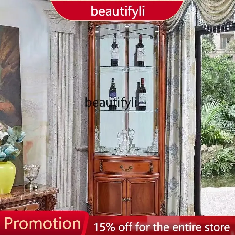 01A Solid Wood European Style  Wall-Mounted Corner Cabinet Living Room Glass Door  Household Vertical Triangle Cabinet