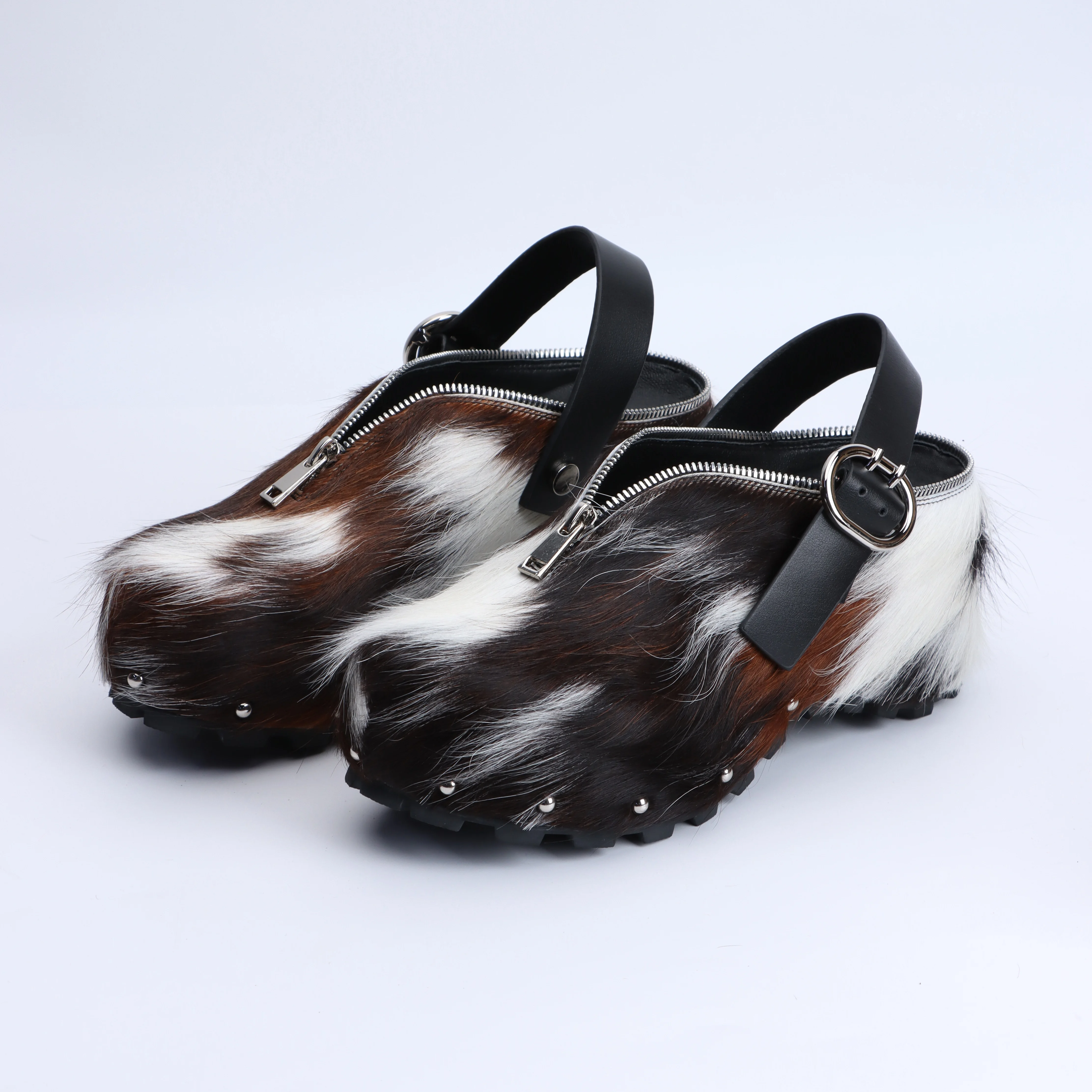 Adjustable Zipper, Luxury Designer Mule Sandals for Women, Handmade Cowhide Fur, Rubber Sole, Latex Insole, Trendy Summer Slides
