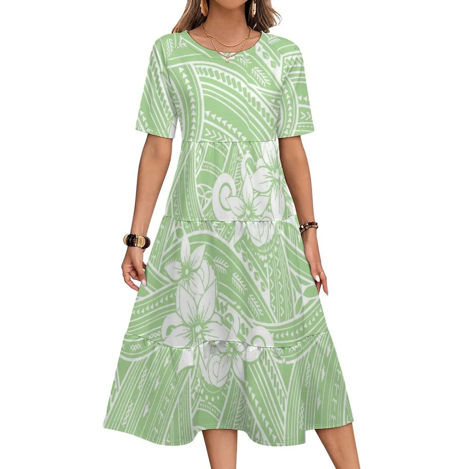 Novo atacado personalizado tonga design tribal polinésia multi em camadas vestido de manga curta maxi vestido casual plus size roupas femininas