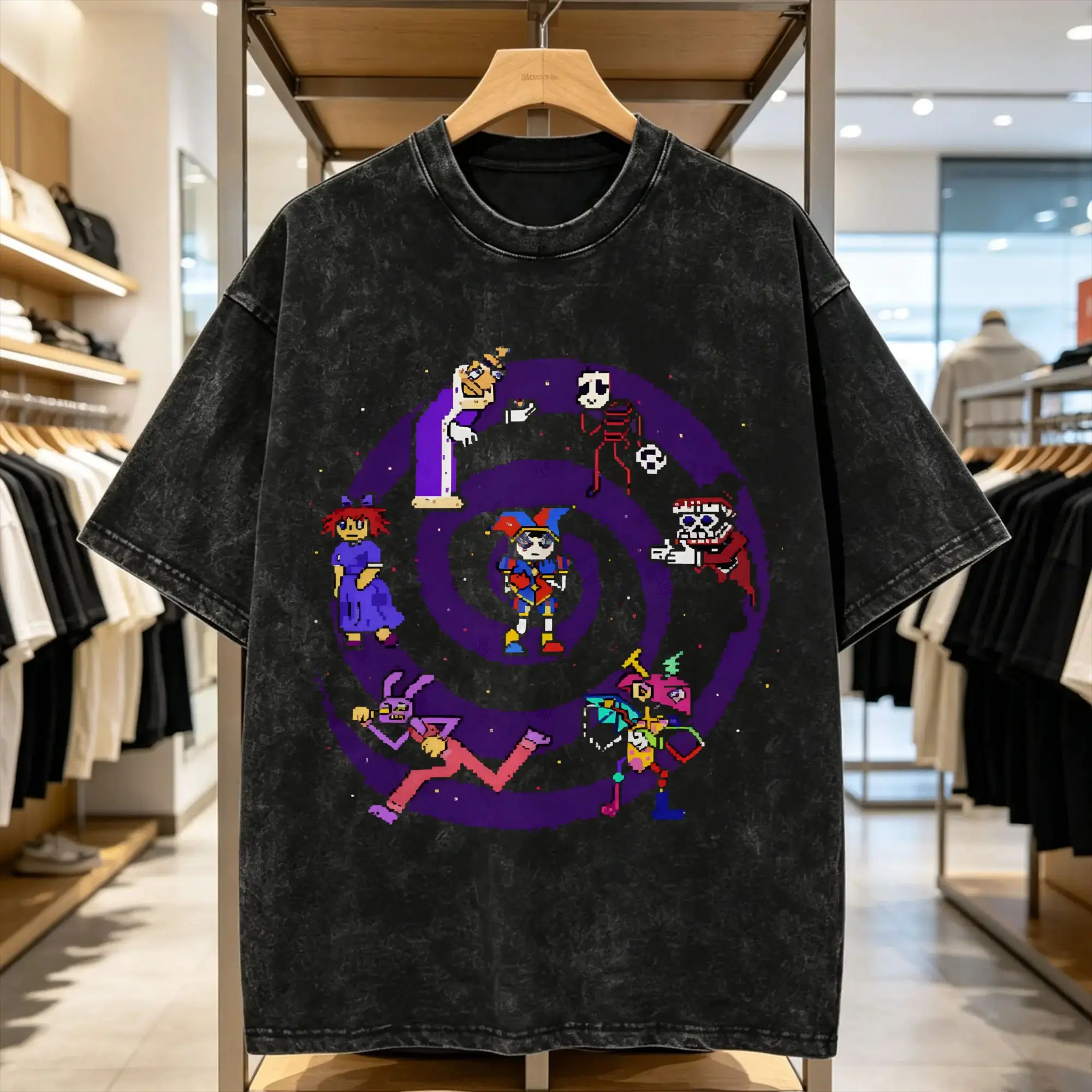 Cartoon Digatal Circus Washed T-Shirt Male  Awesome Cotton T Shirts Beach O-Neck Trendy Cool Tee Shirt Printed Big Size Clothes