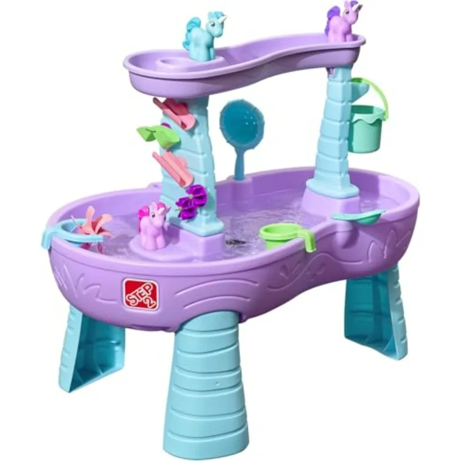 Rain Showers and Unicorns Water Table for outdoor summer sensory play, BPA-free plastic, blue purple, includes 13-piece water a