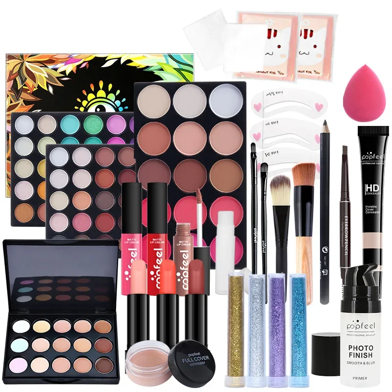 Kit de maquillaje con paleta de sombra de ojos, maquillaje líquido, lápiz labial, esponja, base, corrector, cejas, caja de regalo