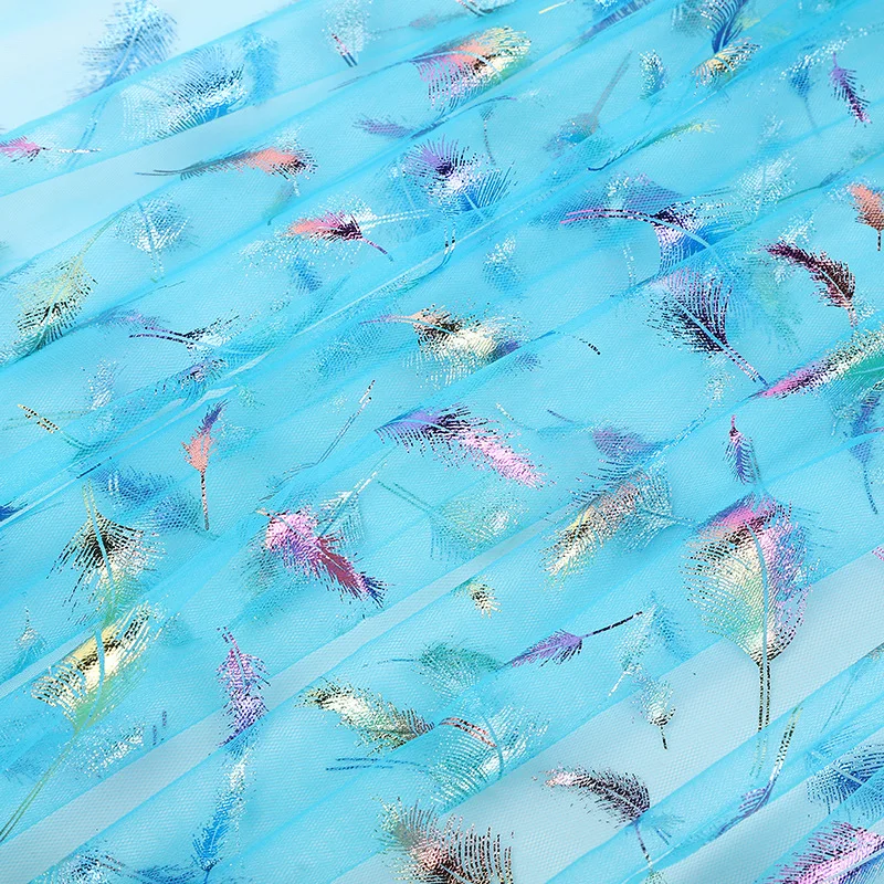 New Colorful Feather Gold Foil Stamping Nylon Tulle Fabric Iridescent Feather Mesh Backdrop Cloth Kids Dress Sheer Net By Meter