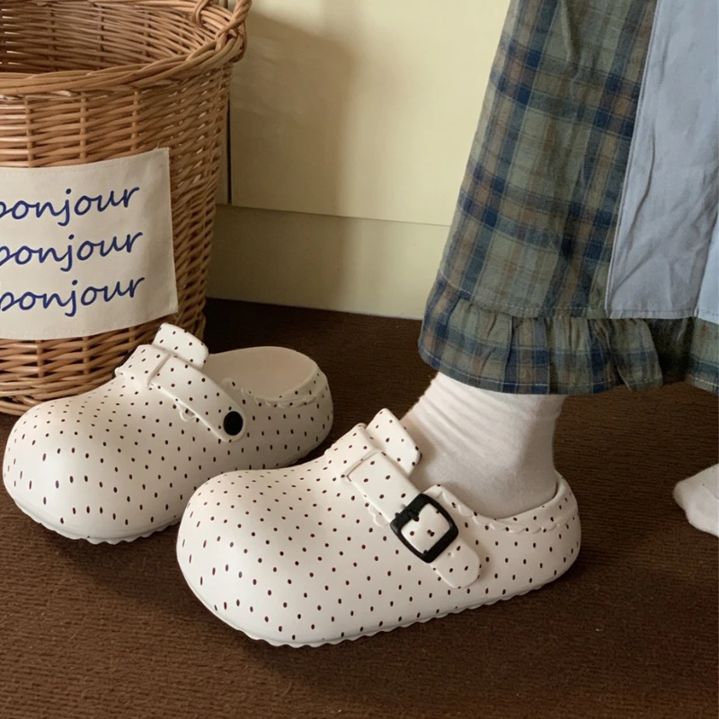 

Summer Black and White Polka Dot Women's Thick Soled Boken Shoes Korean Ins Waterproof Soft Sole Height Increasing Slippers