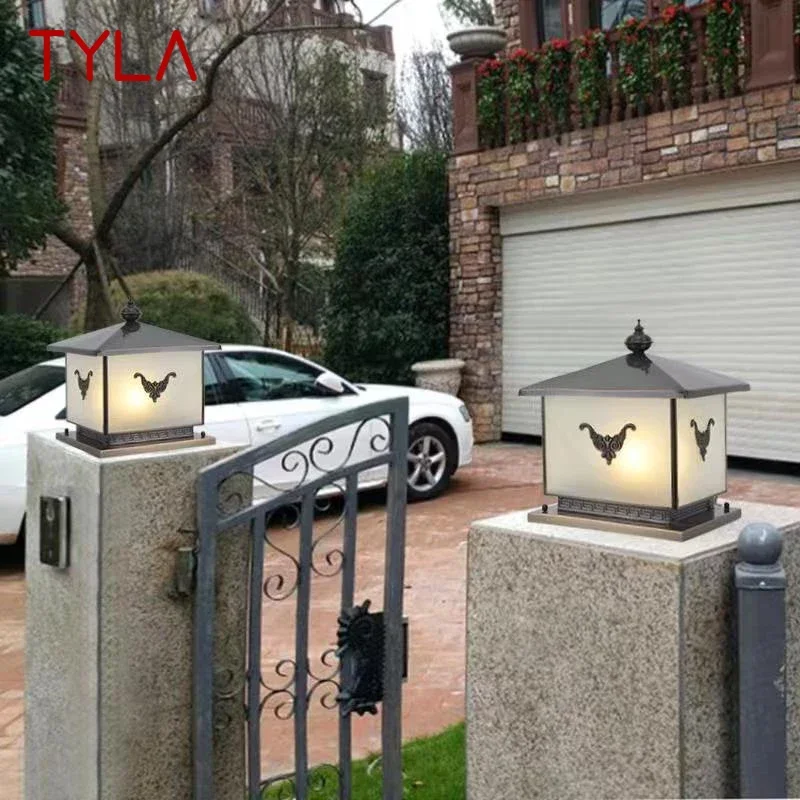 TYLA Outdoor Electricity Post Lamp Vintage Creative Chinese Brass  Pillar Light LED Waterproof IP65 for Home Villa Courtyard