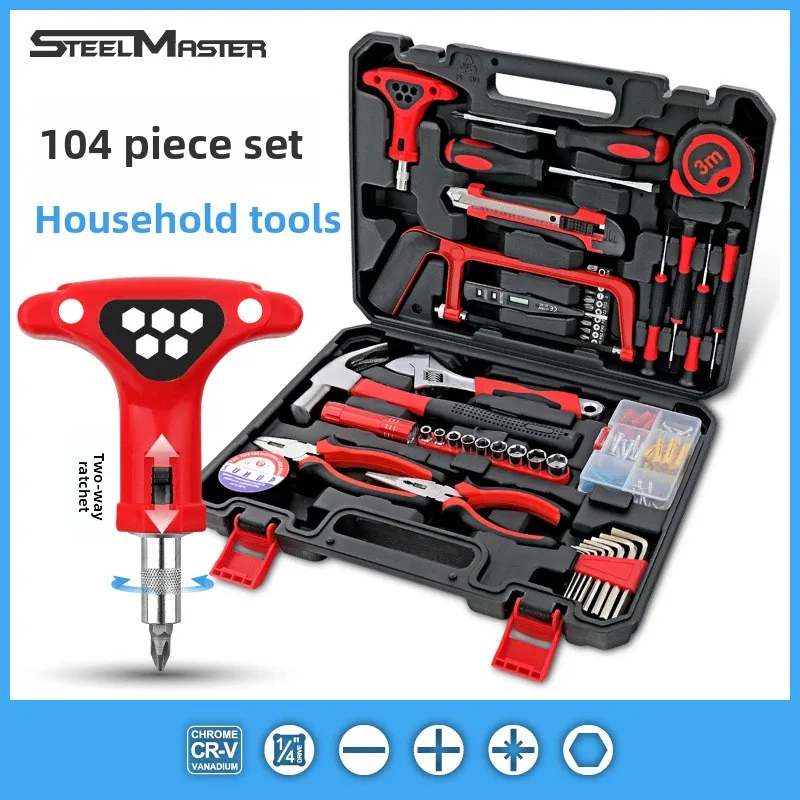 104-Piece Household Tool Set with Screwdrivers, Pliers, Hammer, Saw, Sockets, and Storage Box for Home Repair and Maintenance