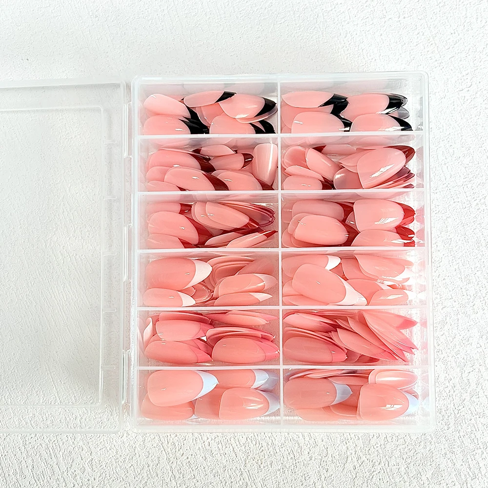 288 szt. Sztuczne paznokcie typu French Tips, akrylowe, migdałowe, pełne pokrycie, sztuczne paznokcie w kolorze czerwonym/czarnym/białym, owalne, do przedłużania paznokci dla kobiet.
