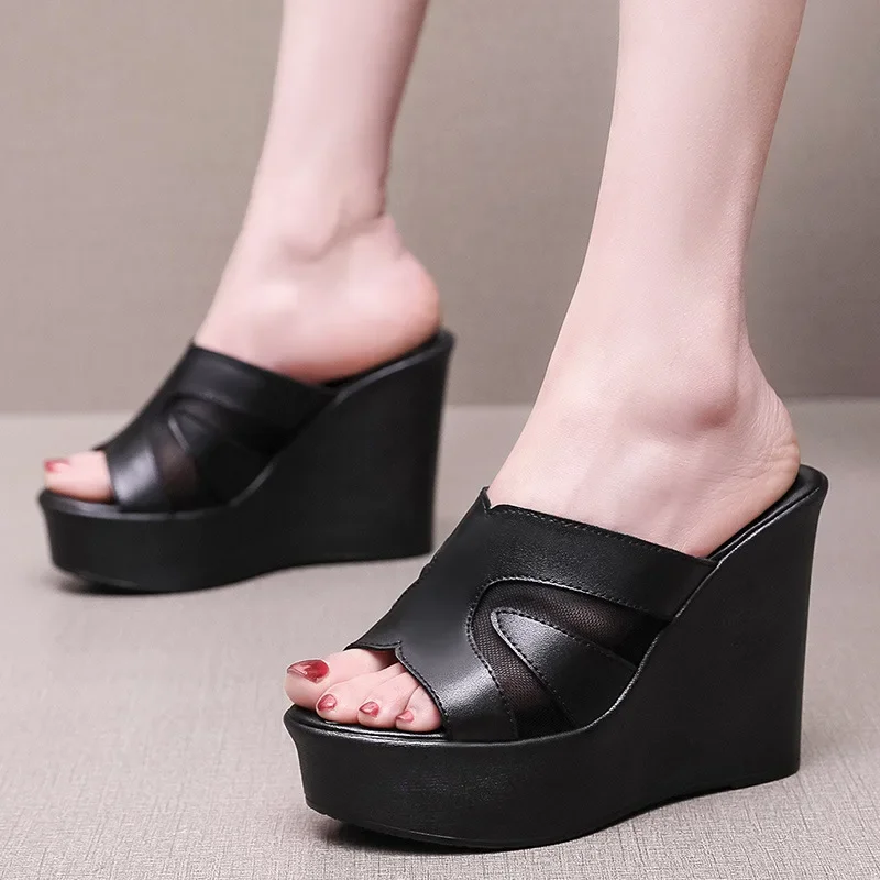 Fashion wedge heel summer new muffin thick bottom waterproof table hollow high heel fish mouth mesh slippers women sandals