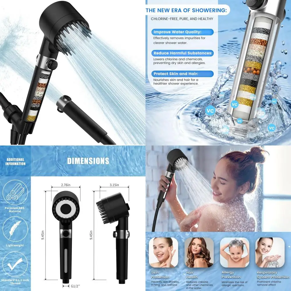 

High-Pressure Handheld Shower Head with 18-Stage Filter for Softening Hard Water and Removing Chlorine - Black