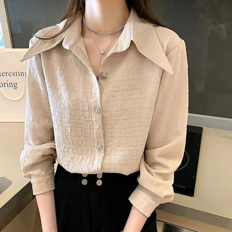 Women Pointed Collar Design Elegant Button Shirts Spring Autumn Korean Fashion Office Lady Blouses Solid Long Sleeve Loose Tops