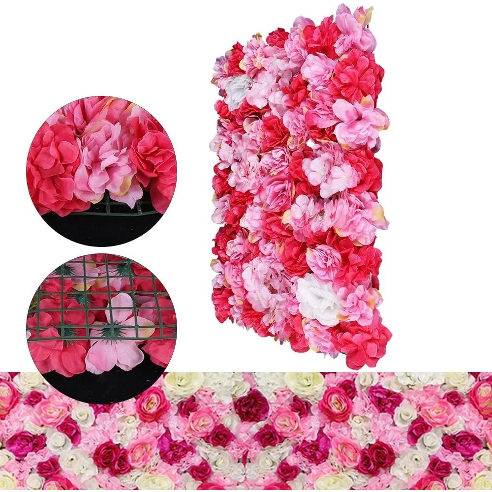 12pcs Artificial Flower Wall Panel Background 3D Dark Pink Silk Dahlia Rose Flowers Wall Backdrop for Wedding Event Wall Decor