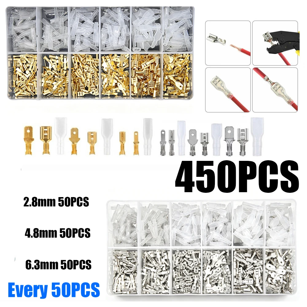 450PCS Boxed Gold Silver Wire Crimp Terminal Connector Male Female Spade Assorted 2.8mm/4.8mm/6.3mm Kit Plug-in Wiring Cold Crim