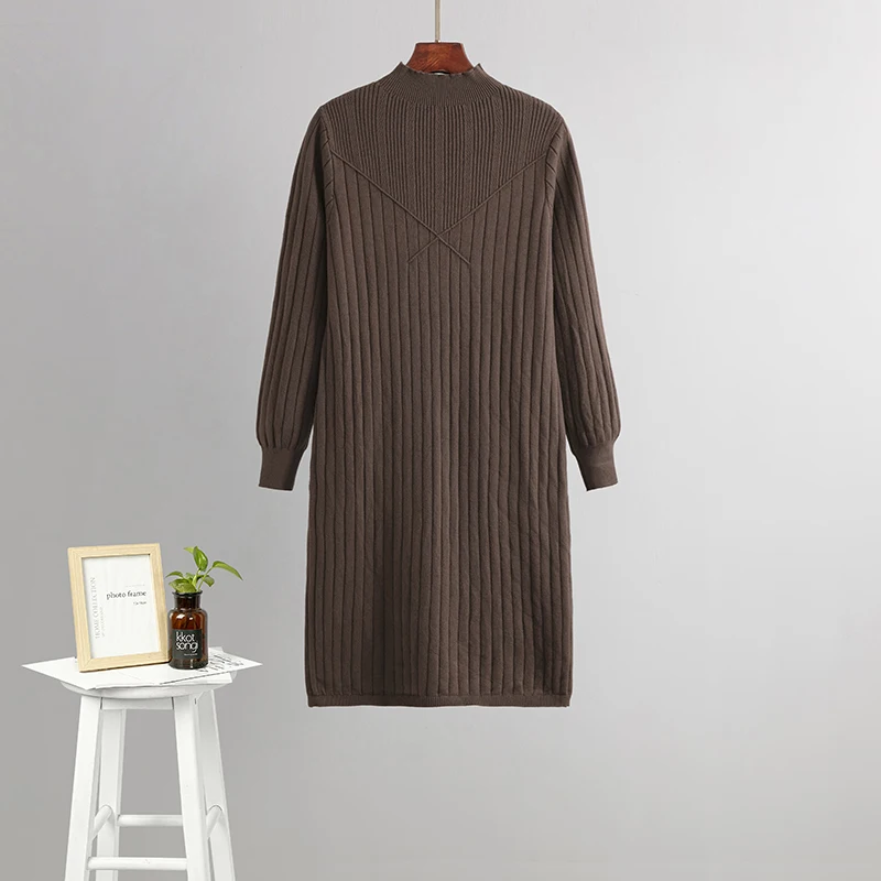 HLBCBG Chic Long Knit Maxi Women Sweater Dress Thick Warm Winter Pleated Dress Female Rib Turtleneck A Line Dress Office Lady