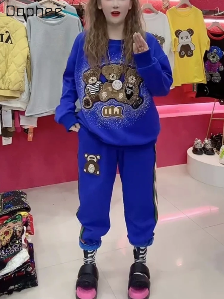 

Cartoon Embroidery Fashion Suit Fall Winter New Fleece Padded Loose Heavy Industry Rhinestone Sweatshirt Sweatpants 2 Piece Set