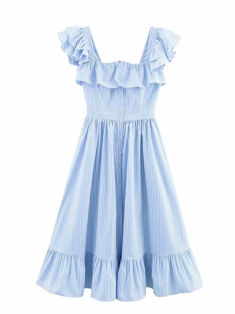 ZAB automne nouveau femmes doux Sle taille haute Midi Dr t-shirt couleurs rayé cloche Sve taille froncée bouton unique Dr