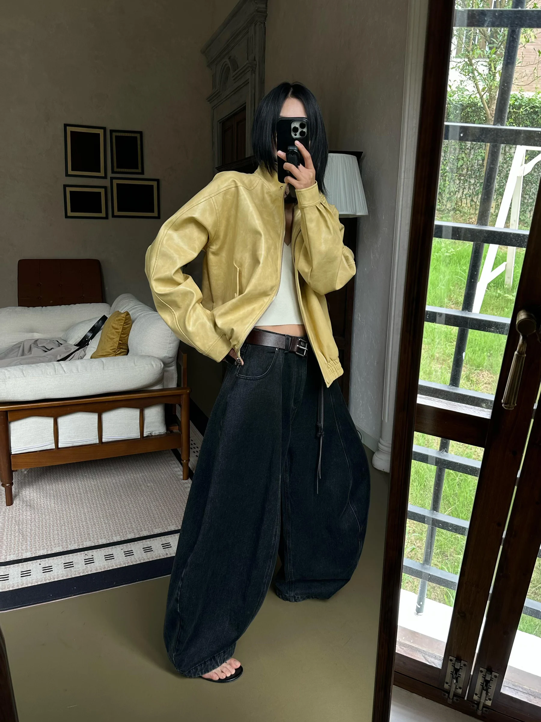 Kaeng レディース イエロー レザー ジャケット バイカー パイロット ジャケット アメリカン スレ 秋 ファッション 高級感 ルーズフィット オルト コート