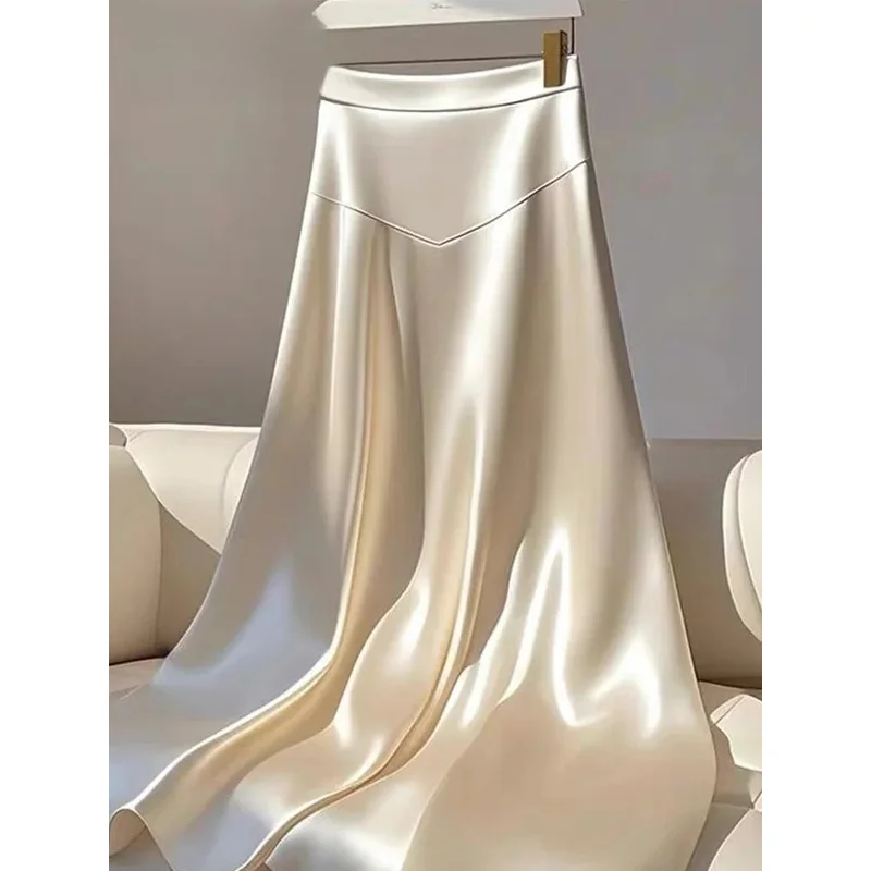 2025 Women Spring Autumn Elegant Temperament Solid Color Satin Skirt Women Clothes Simplicity Office Lady All Match A Line Skirt