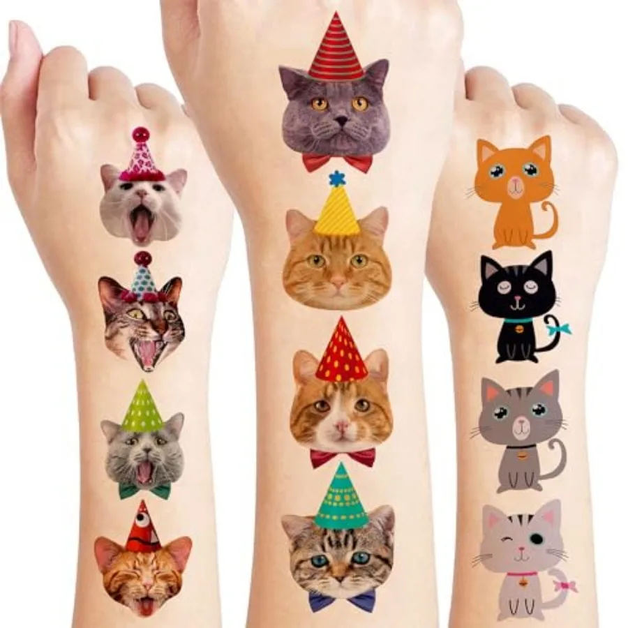 

96 PCS Super Cute Cat Cats Pet Pre-Cut Temporary Tattoos for Themed Birthday Party Supplies Favors Decorations 8 Sheets Fake Ta