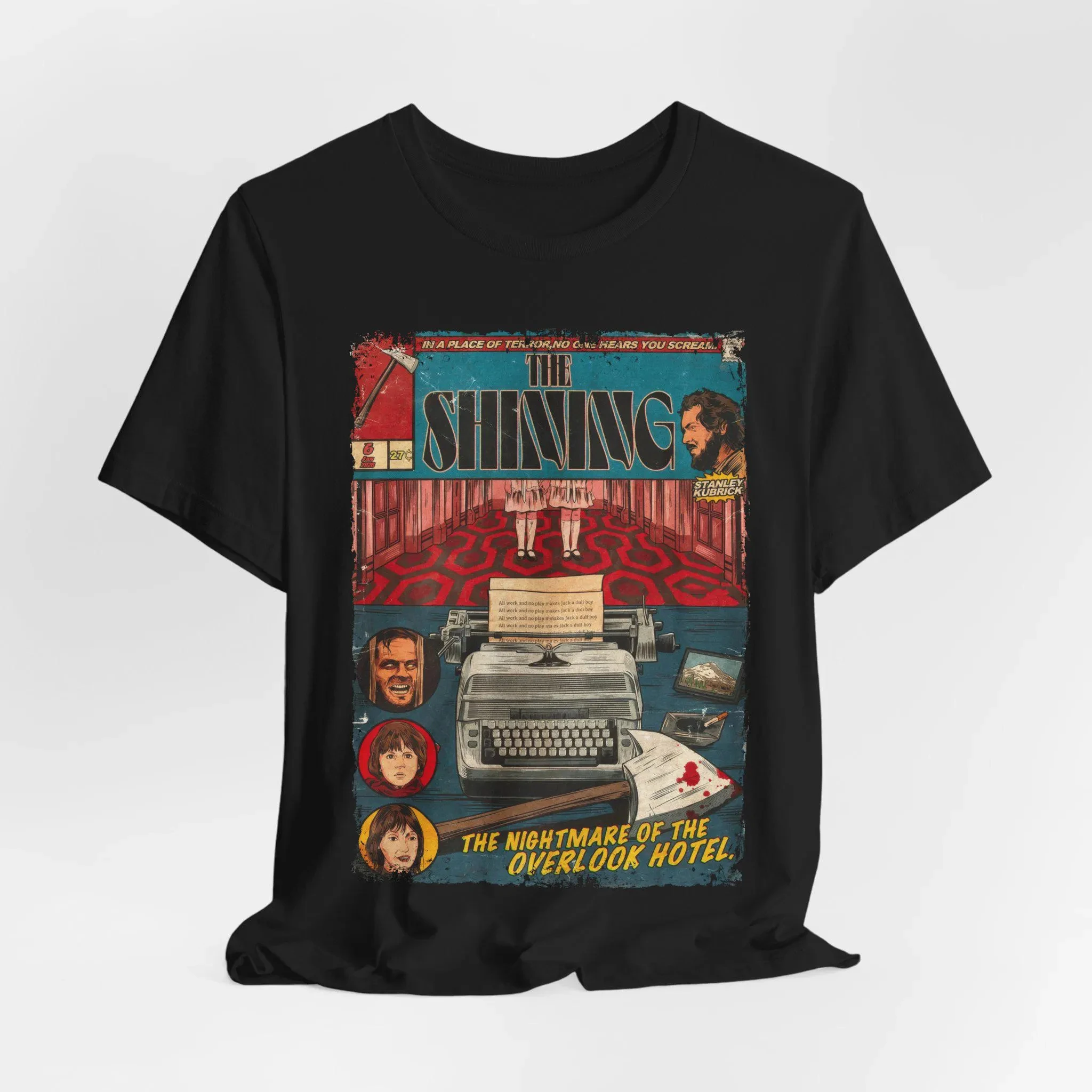 Shining Comic Style T-shirt Overlooking Hotel Horror Movie Pattern T-shirt for Men and Women Retro Short Sleeved Streetwear