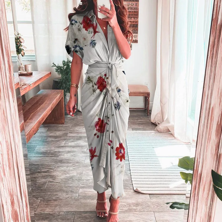 2023 Primavera e verão novo temperamento de manga curta feminino pendulares cintura alta impresso vestido longo