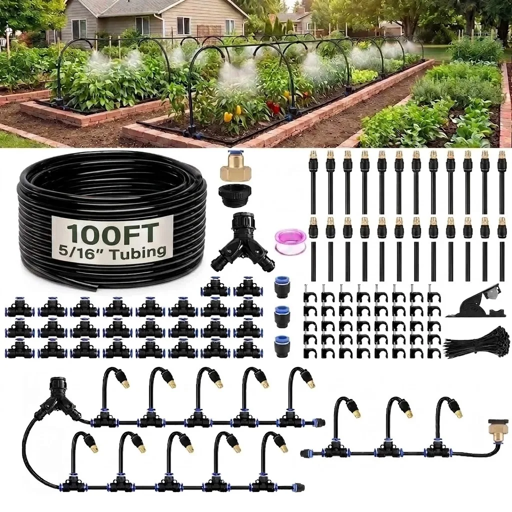 50 66 100FT 5 16 Inch Garden Watering Kit With Brass Nozzles And Faucet Adapter For Mist Drip Off Modes Outdoor Plant Irrigation