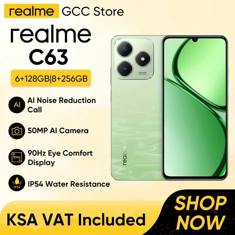 Realme C63 6+128GB Fast Charging Smartphone 1Min Charge for 1hr Call 50MP AI Photograph Phone 5000mAh Battery Water Resistance