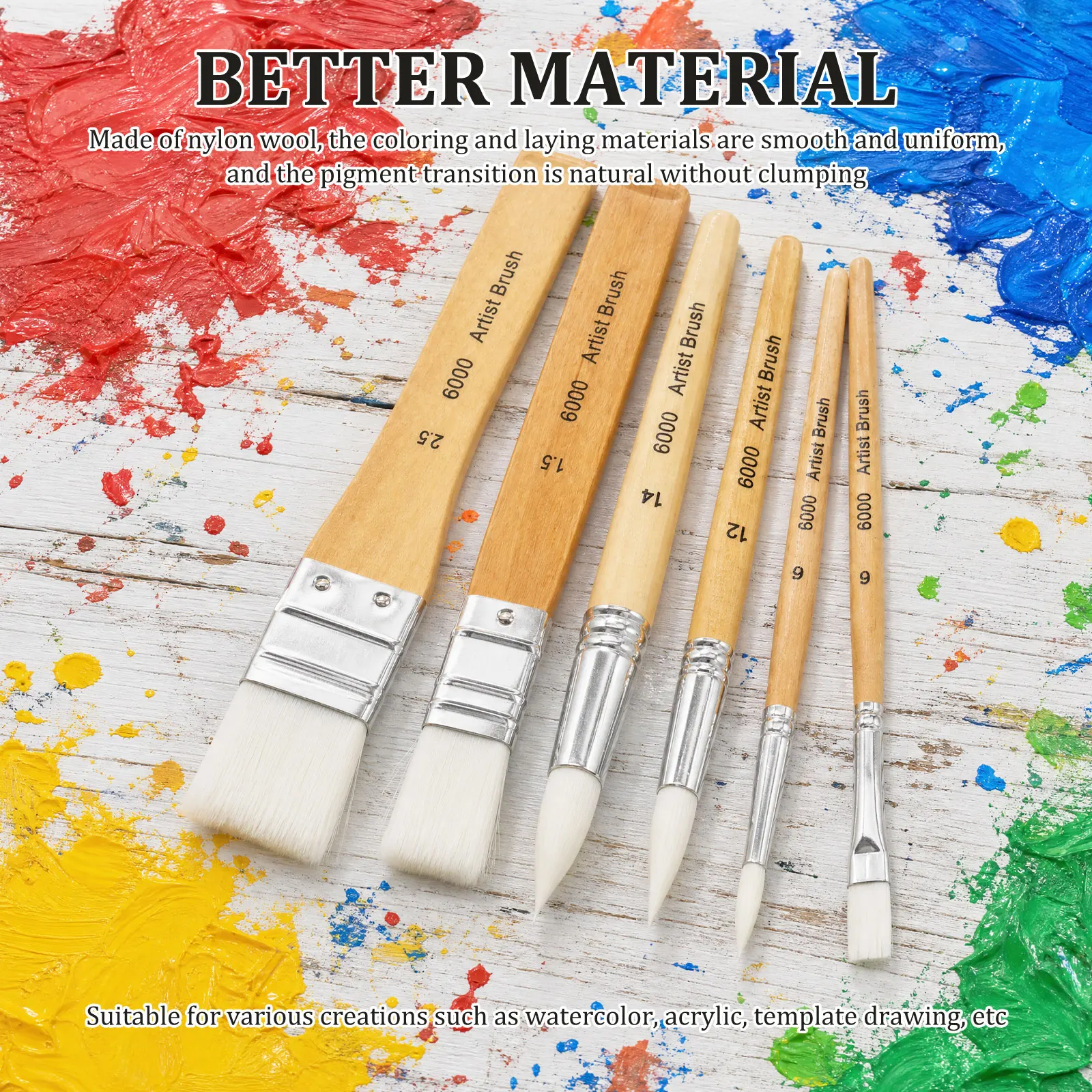 6Pcs Nylon Stencil Brushes Set with Wood Handle Art Painting Watercolor Gouache Painting Brush for Watercolor Paint Art Supplies