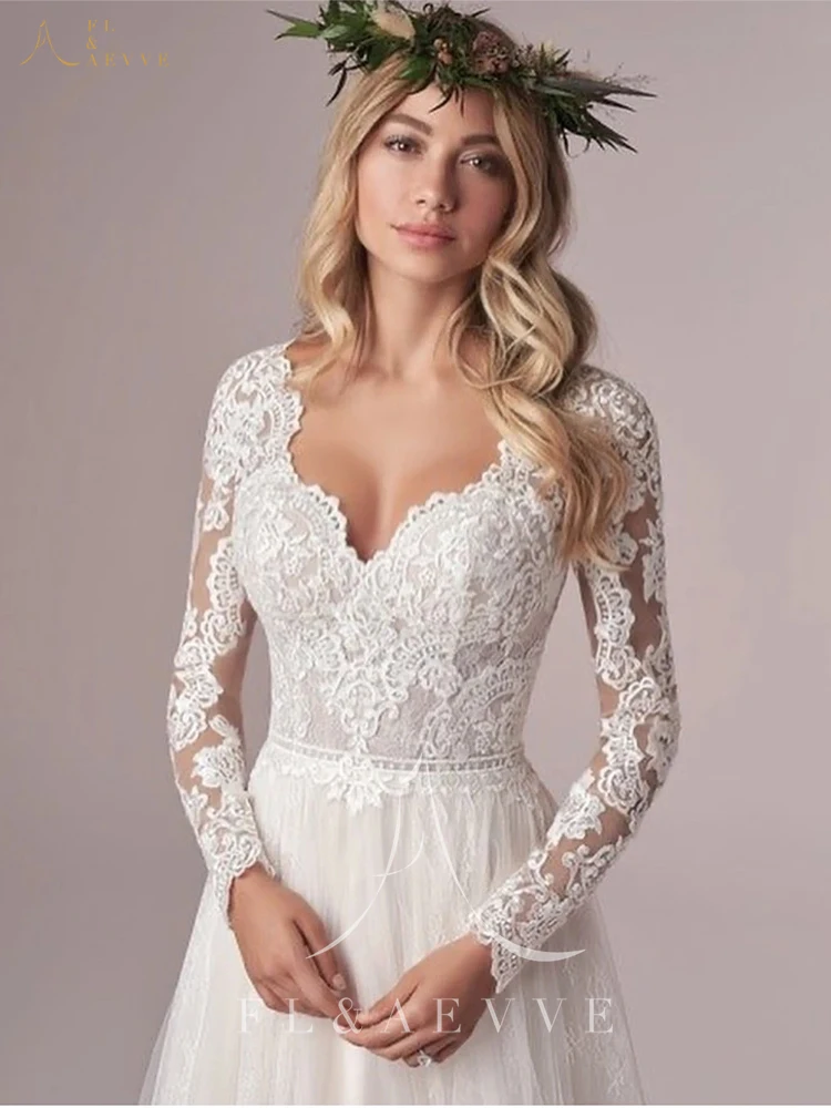 Bohemian Long Sleeves Wedding Dress For Women Corset Low Back Floor Length Lace Appliques White Tulle Bridal Gown Customized