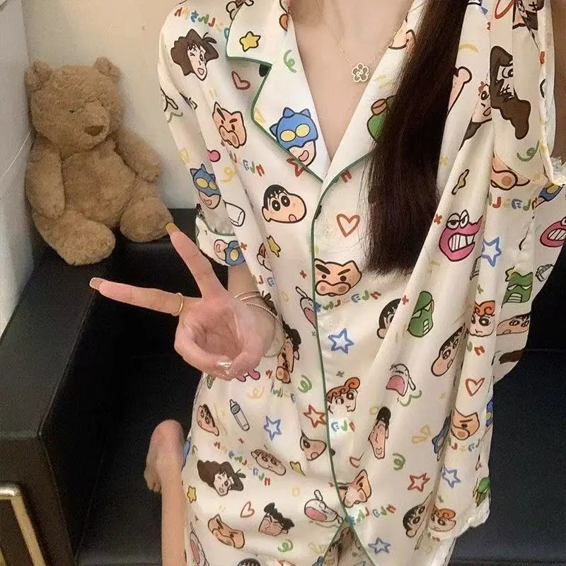 Plus Size 3Pcs Crayon Shin Chan Anime Women's Ice Silk Sleepwear Summer Short Sleeves Cute Cartoon Student Summer Home Clothes