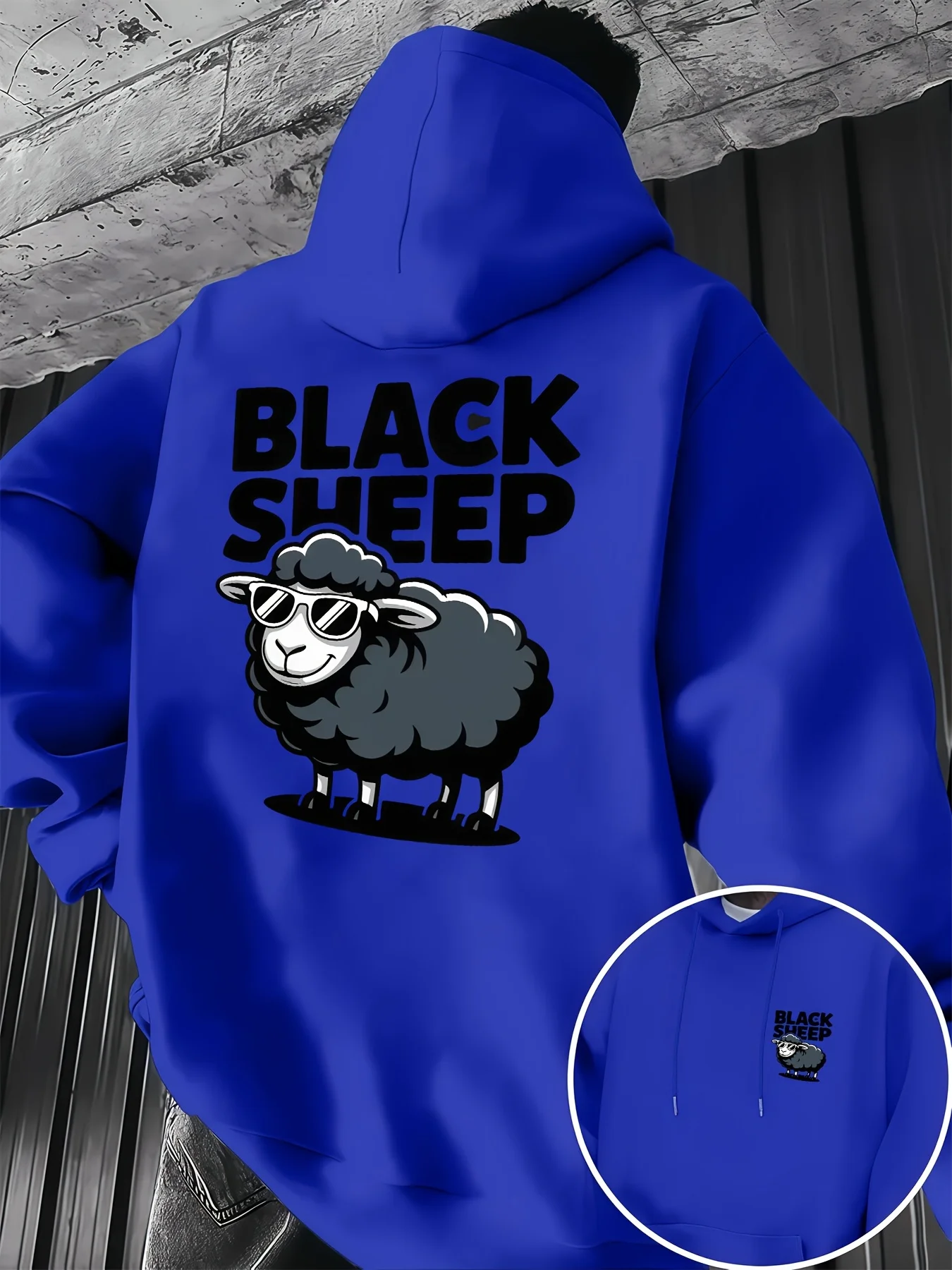 Herren-Hoodie für Herbst und Winter, Black Sheep, Cooles Cartoon-Schaf mit Sonnenbrille, Vorder- und Rückseitendruck, Streetwear-Fleece-Sweatshirt – Detail 2