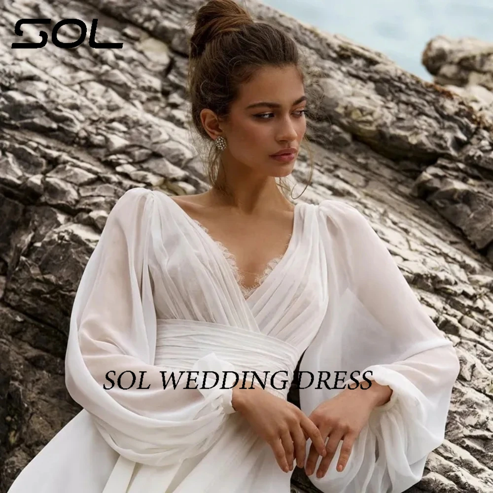 Sol Boho Wedding Dresses Puff Sleeve V-Neck Bride Dress 2023 A-Line High Split Wedding Evening Prom Gowns Custom Size