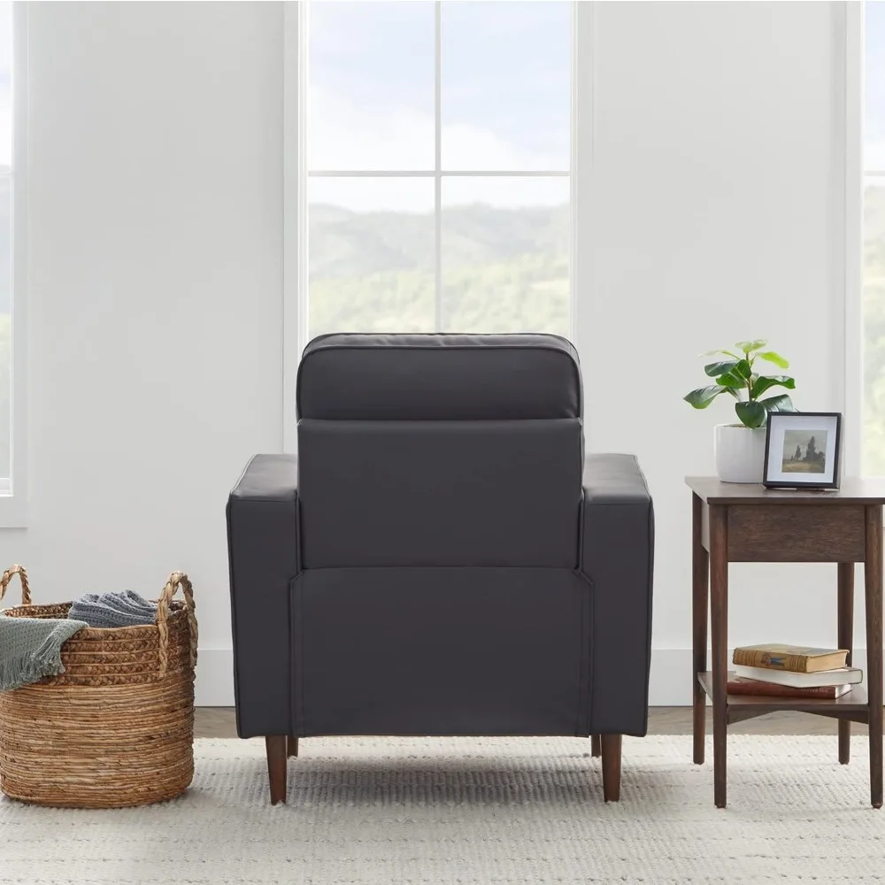 Upholstered Accent Chair,Mid-Century Modern Design,Armchair,Buttonless Tufting,Solid Frame,Black Faux Leather,Living Room Chairs image 3