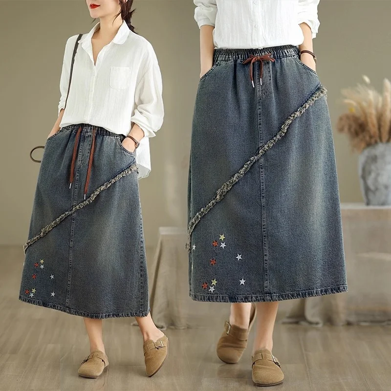 

Oversized Spring And Summer Women's Skirt Retro Denim Personalized Slanted Edge Mid Length Embroidered Vintage A-Line Skirt W385