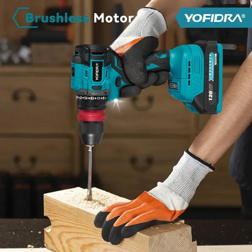 YOFIDRA 10mm Brushless Electric Drill Screwdriver 21+2 Torque Cordless Efficient Impact Drill Power Tool For Makita 18V Battery