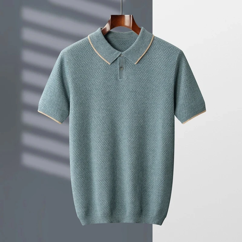 Goat Cashmere T-shirt for Men, Polo Collar, Short Sleeve, Knitted Pullover, Tank Top, Spring and Autumn, 100% New Fashion, 2024