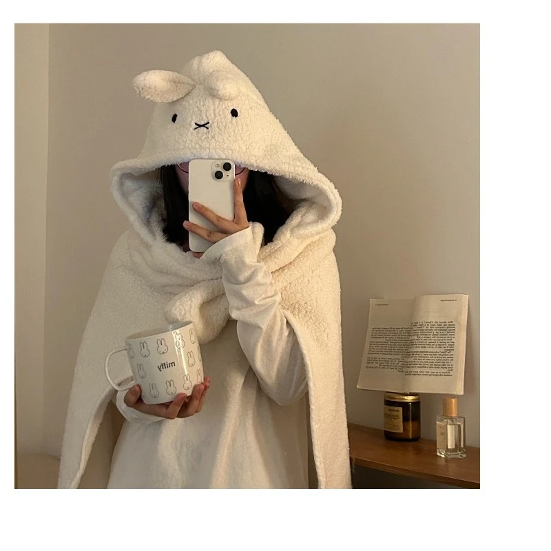Hot Miffy Shawl Blanket Fleece-Lined Thick Double-Sided Warm Cape Air Conditioning Throw Cover for Autumn Winter Nap Rest Soft