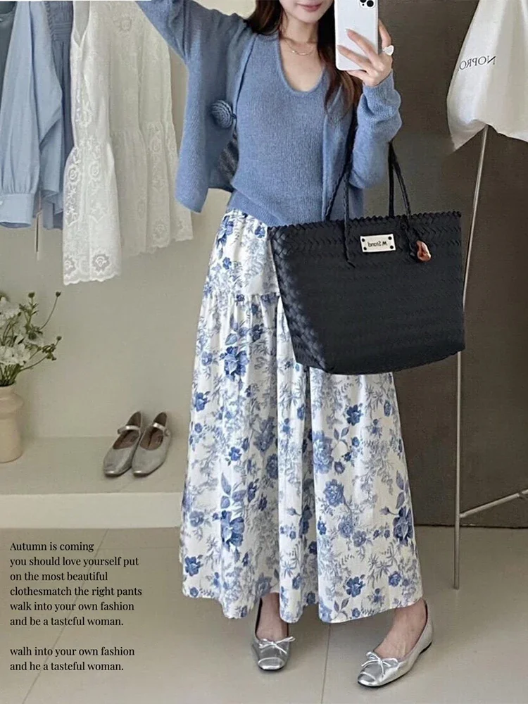 2025 verão novas saias de impressão floral feminino retro solto a linha saia casual versátil saias de cintura elástica