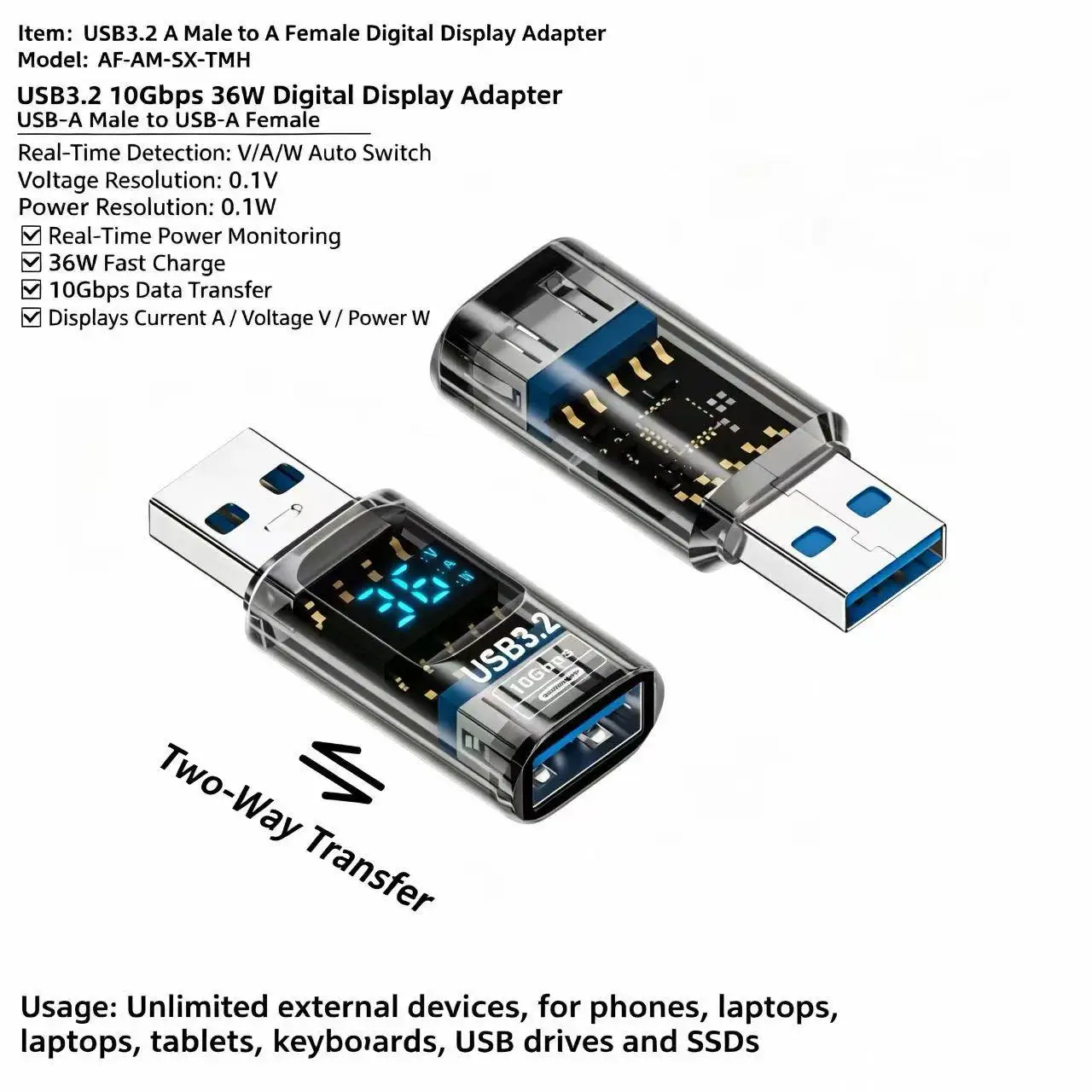 USB3.2 10Gbps Digital Display Adapter, Real‑Time V/A/W Power Monitor Fast Charge OTG Connector, One‑Way & Two‑Way Data Transfer