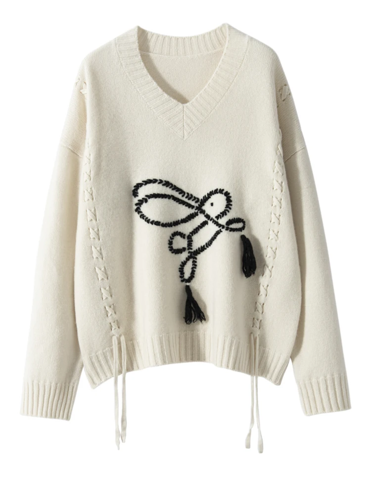 

New Chic Women V-Neck Pullover Sweater Handcrafted Rabbit 100% Cashmere Knitwear Fashion Tie Design Autumn Winter Thick Warm Top