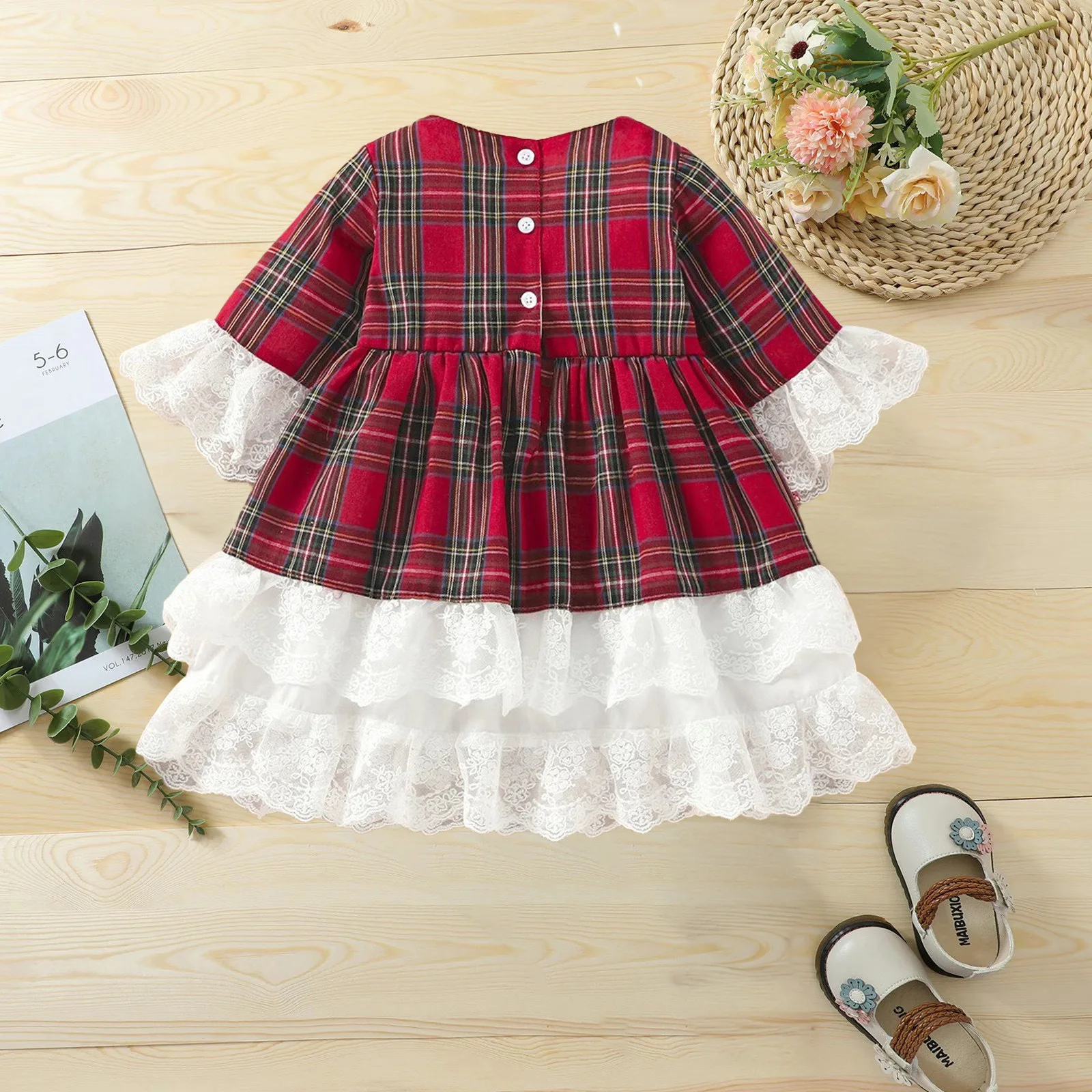 Sweet Baby Girls Red Plaid Lace Lolita Princess Dress For Kids Christmas Gift Ceremony Wedding Birthday Party Prom New Year Gown