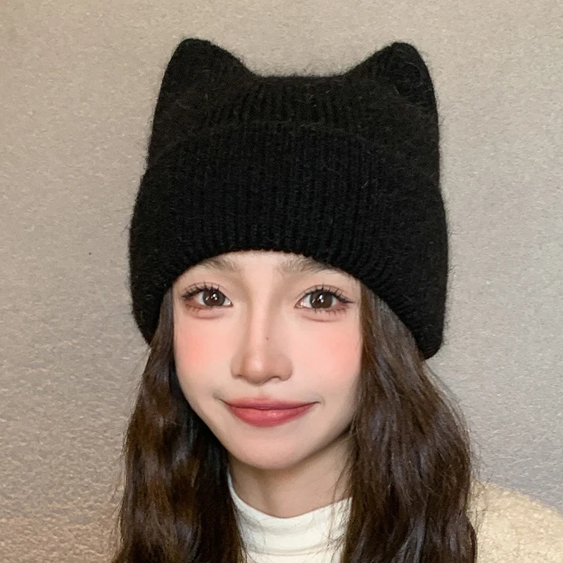 Solid Color Plush Feather Yarn Winter Hat For Women Adorable Cat Ear Faux Fur Beanie Hat Plain Cute Cozy Ear Flaps Knit Hat