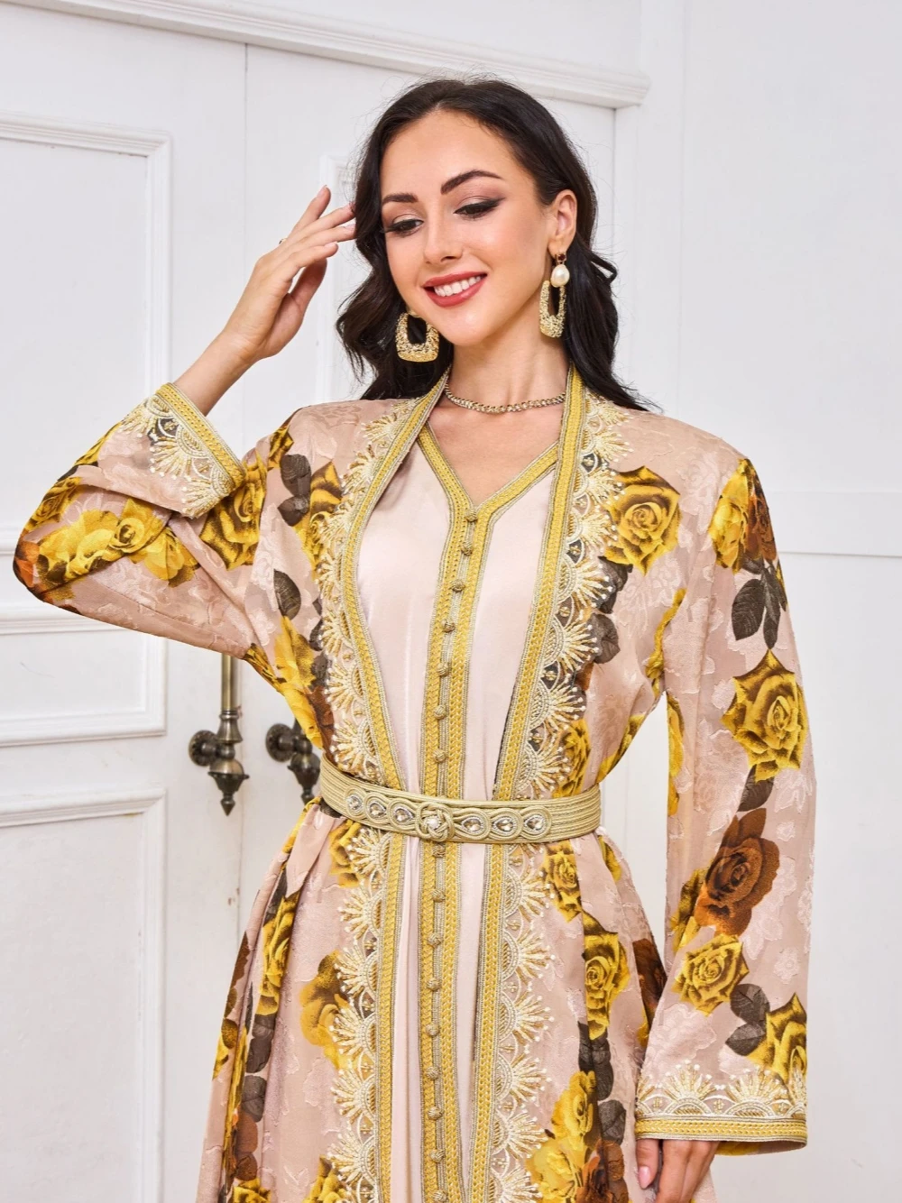 Fashion Embroidery Dubai Evening Dress Printed Cardigan Two-piece Set Kaftan Prom V Neck A Line Plus Size Party Robe Customized