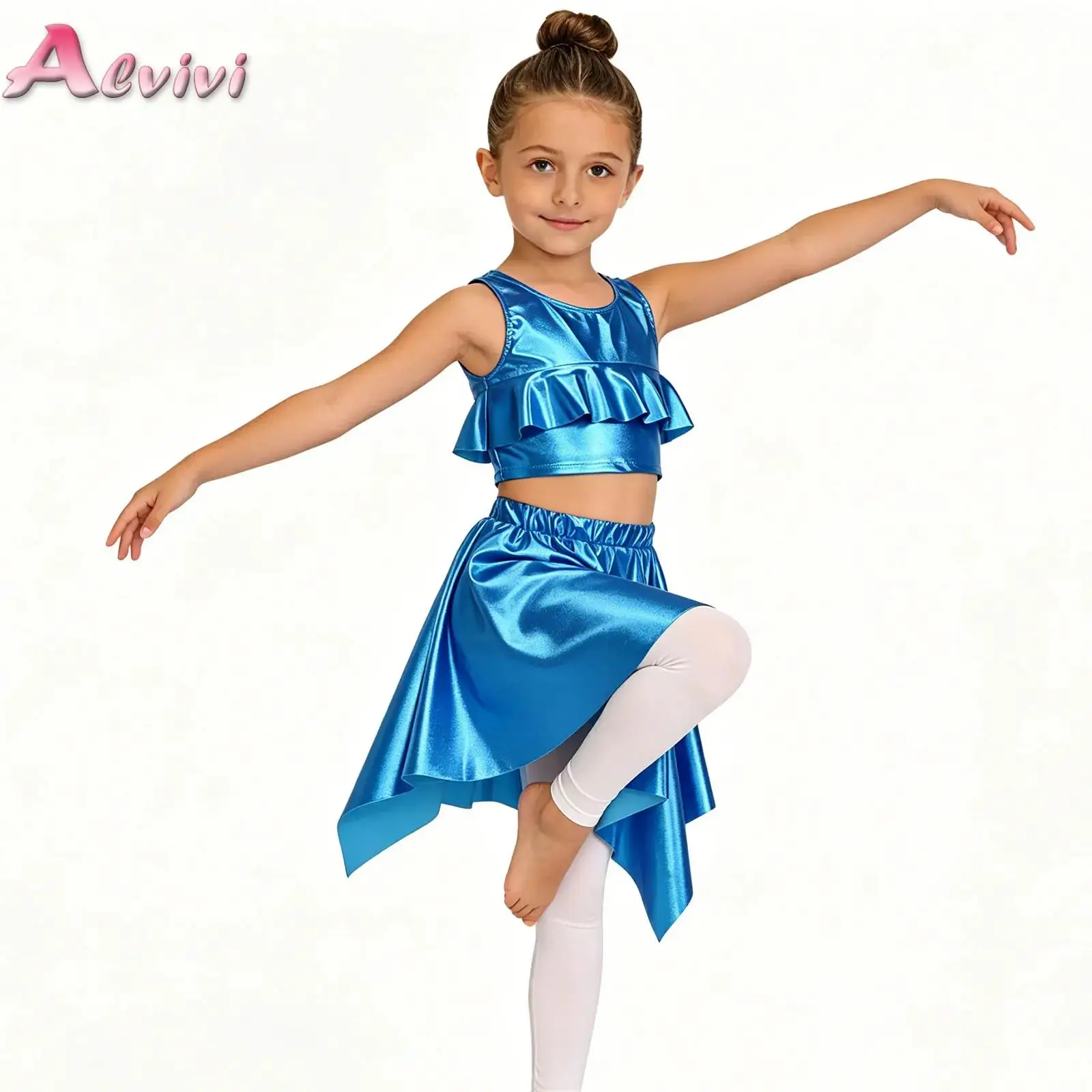 Kids Girls Metallic Jazz Dance Outfit Sleeveless Ruffle Vest with Asymmetrical Skirt for Cheerleading Chorus Hip Hop Performance