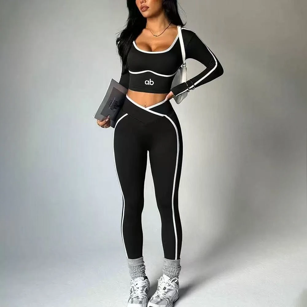 2026 Popular Color Blocking Yoga Set Tight Yoga Long Sleeved Pants V Waist and Hip Lifting Tight Yoga Pants Luxury abyoga Set