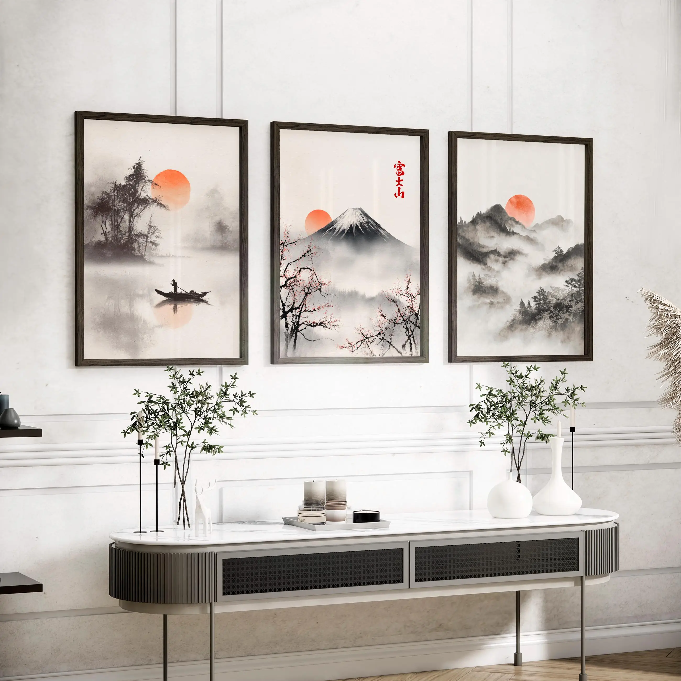 3pcs frameless Canvas Painting Japanese Wall Art Mount Fuji Print Set of 3 Minimalist Landscape Poster Ink Wash Painting Cherry